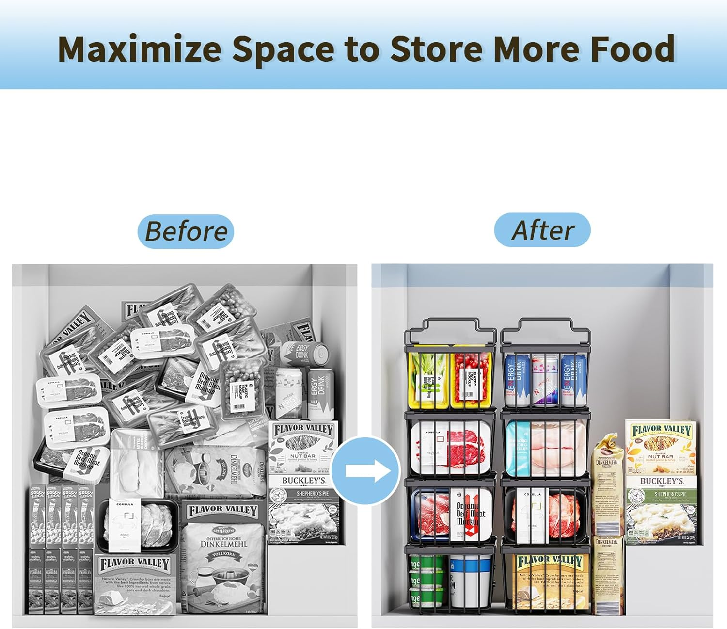 4 Pack Freezer Organizer Bins(14.6&lsquo;&rsquo;L X 7.1&lsquo;&rsquo;W X 5.2&lsquo;&rsquo;H) for 7 Cu.Ft Deep Ches Freezer Sort Frozen Meats | Stackablet Deep Freezer Organizer Bins Get Food Easily W/Handle(Black), Gifts Ideas for Mom - White image number 4