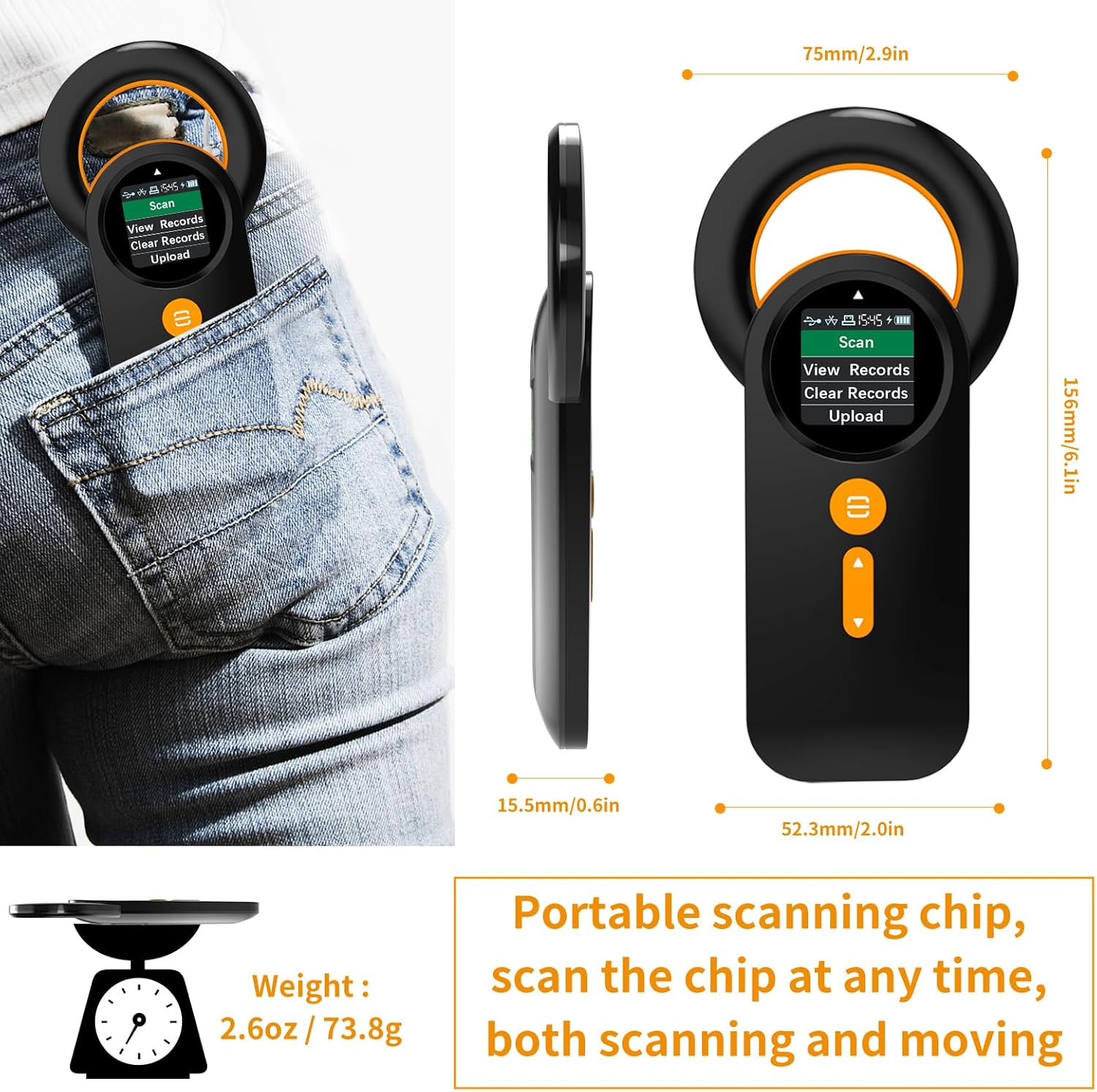 Symcode RFID EMID Animal Handheld Reader - Pet ID Scanner, Rechargeable Animal Chip Scanner, FDX-B(ISO 11784/11785) ID64 RFID Reader image number 1