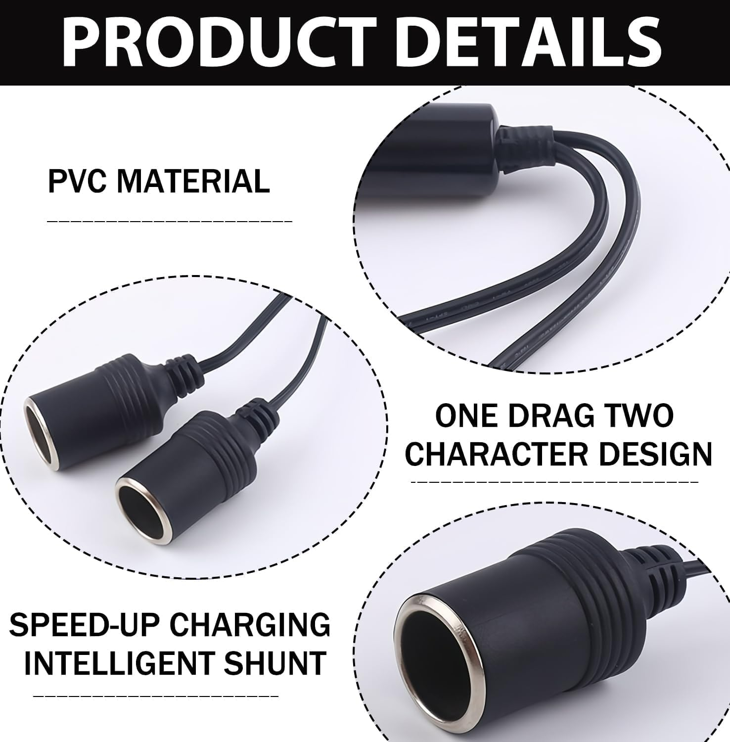 1 to 2 Car Cig Are Tte Lighter Splitter Adapter Power Charger Port, 12V/24V Plug Socket 2-Way Splitter Y Adapter, 15Cm Extension Cord with 15A Fuse image number 1