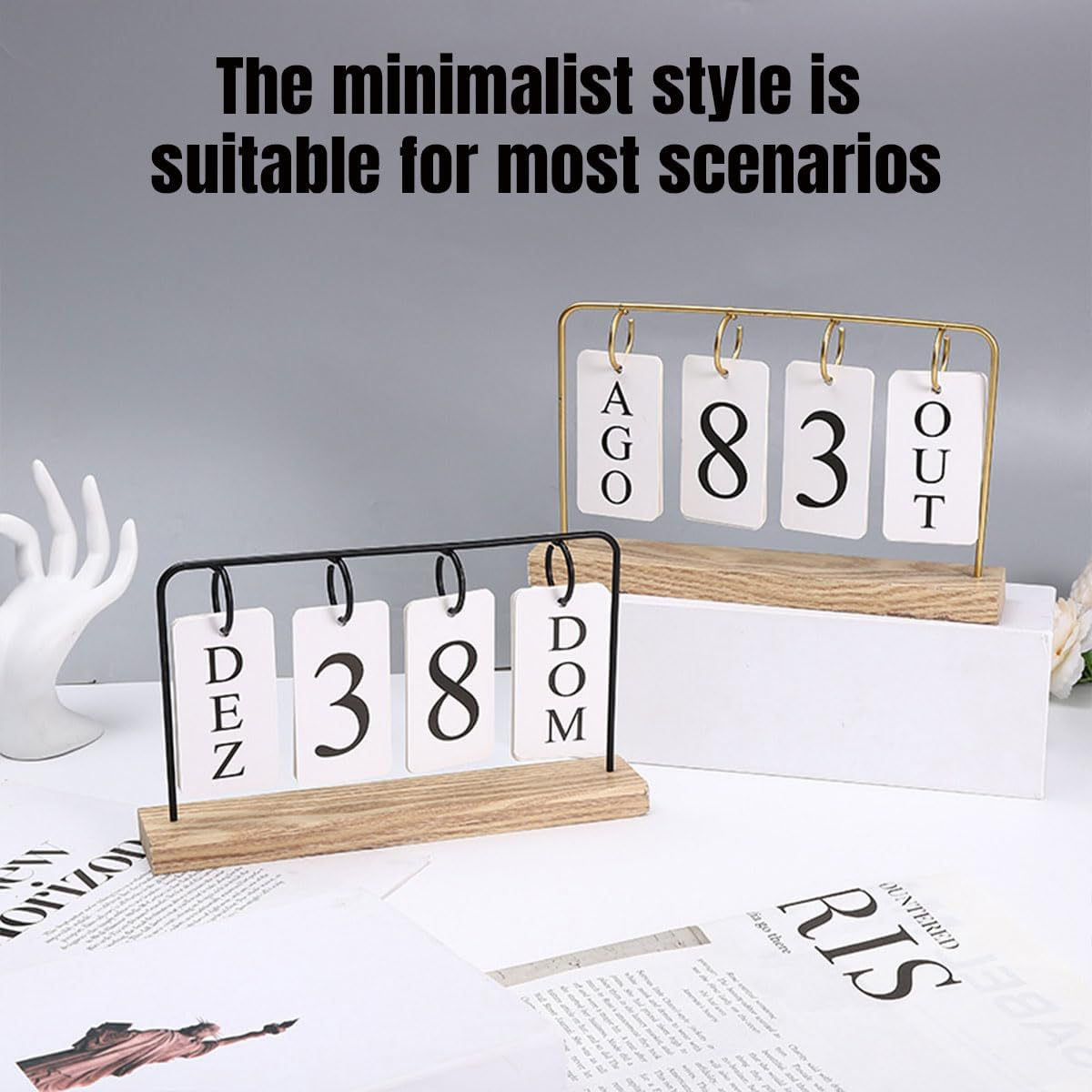AIMALL Modern Desk Calendar, Dual Style Wooden Base with Golden Frame, Daily Date Display for Home and Office - Black image number 7