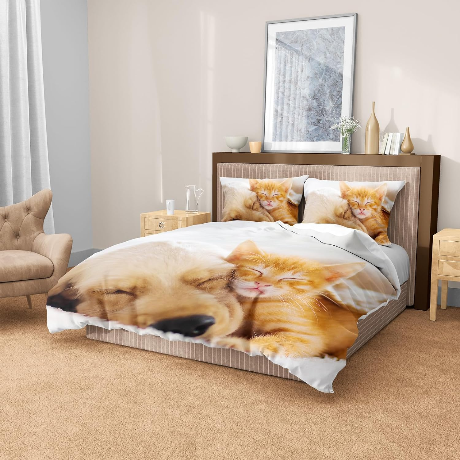 PORJDN Bedding Set Cats and Dogs, Children'S Bedding with Duvet Cover and Pillowcase 65 X 65 Cm. Kitty Pattern Duvet Cover 3D Pet Cat Duvet Cover Set (Cats and Dogs-2, 140 X 200 Cm) image number 2