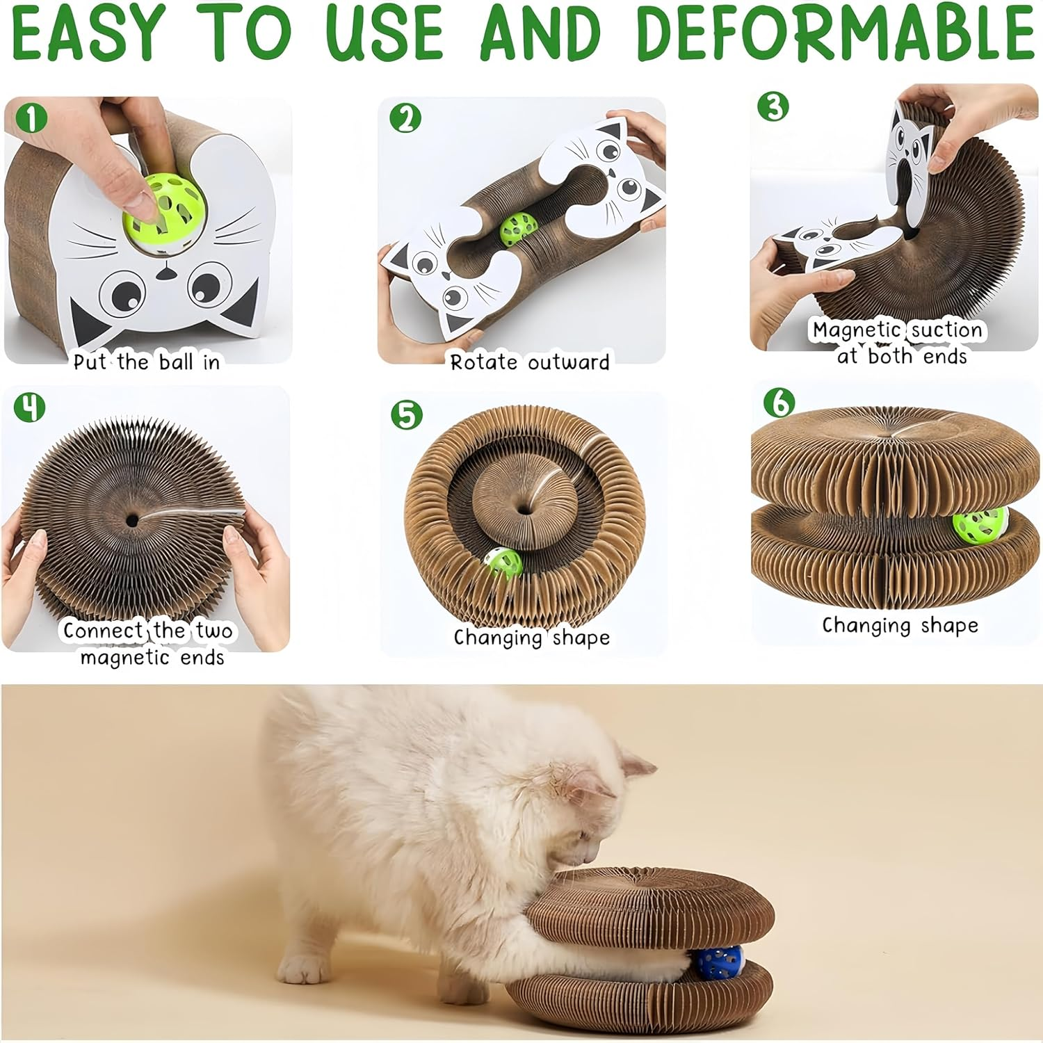 Febohao Cat Scratcher Board Post Portable Pet Interactive Cat Accordion Toy with Ball for Indoor Protect Sofa from Cat Scratching image number 6