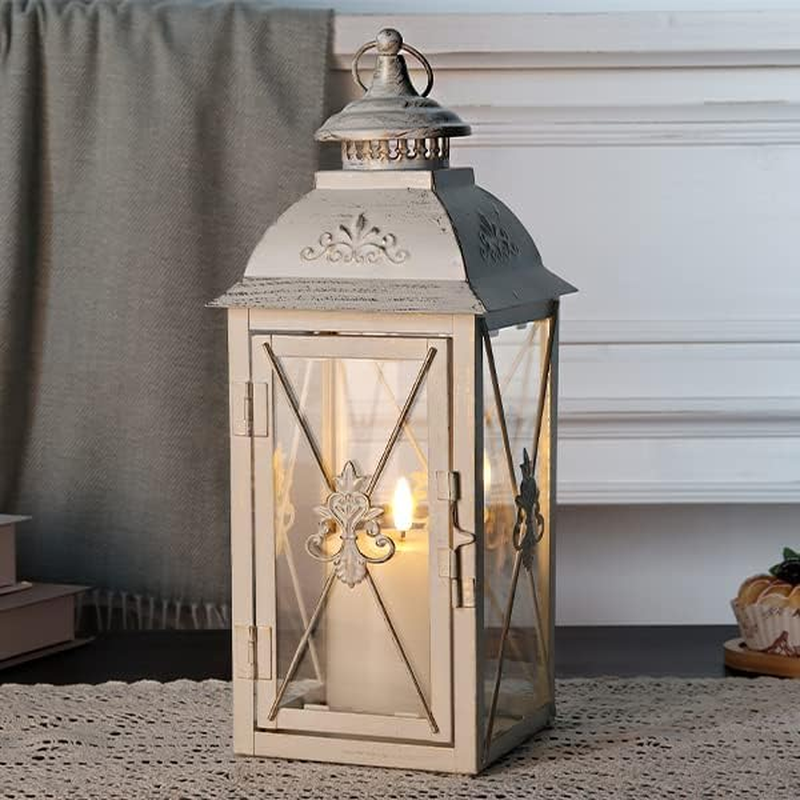 TRIROCKS Vintage Hanging Lantern - 34Cm Decorative Metal & Tempered Glass Candle Holder - Ideal for Indoor/Outdoor Events, Patio, Garden, Parties - Elegant Design with White & Gold Brush Finish