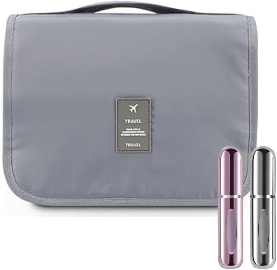 My Corgi Living Hanging Toiletry Bag with 2 Refillable Travel Size Perfume Bottle- Portable Travel Size Hanging Travel Makeup and Jewelry Organizer with Multiple Compartments for Men, Women (Grey)