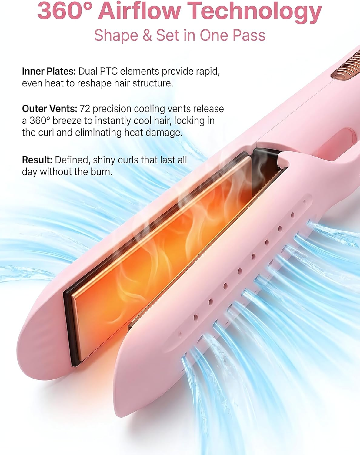 Cool Air Styler 2-In-1 Hair Straightener and Curler | 360&deg; Airflow for Damage-Free Styling & Long-Lasting Hold, Ionic Anti-Frizz Tech AU Plug (Pink) image number 6