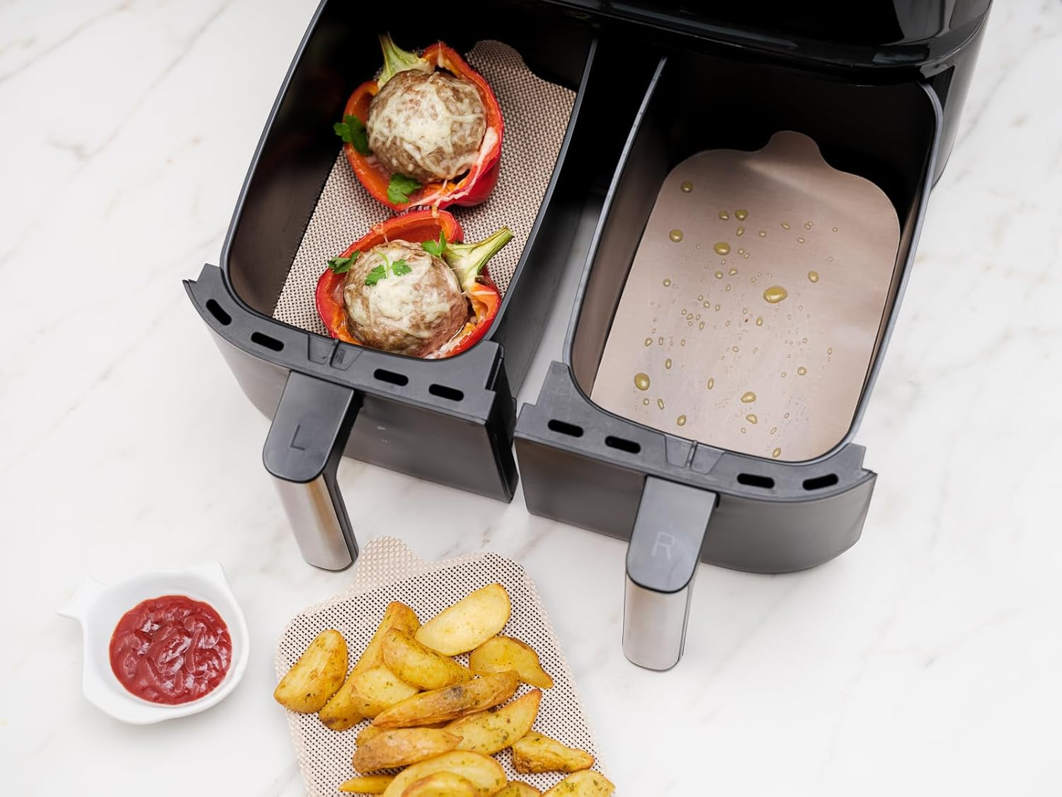 Nostik Dual Air Fryer Liner Brown &ndash; Set of 4. Reusable, Non-Stick Liners for Mess-Free Air Frying. Customisable to Fit Any Fryer, Heat-Resistant, Dishwasher-Safe, and Durable