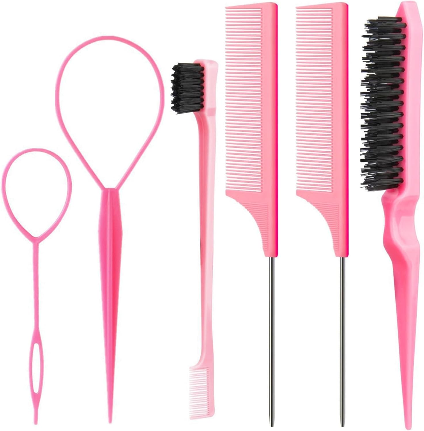 6 Pcs Hair Styling Tools Set - Topsy Tail Hair Tool, Rat Tail Comb, Slick Back Brush, Baby Hair Brush, Edge Brush, Smoothing Comb for Women Girls