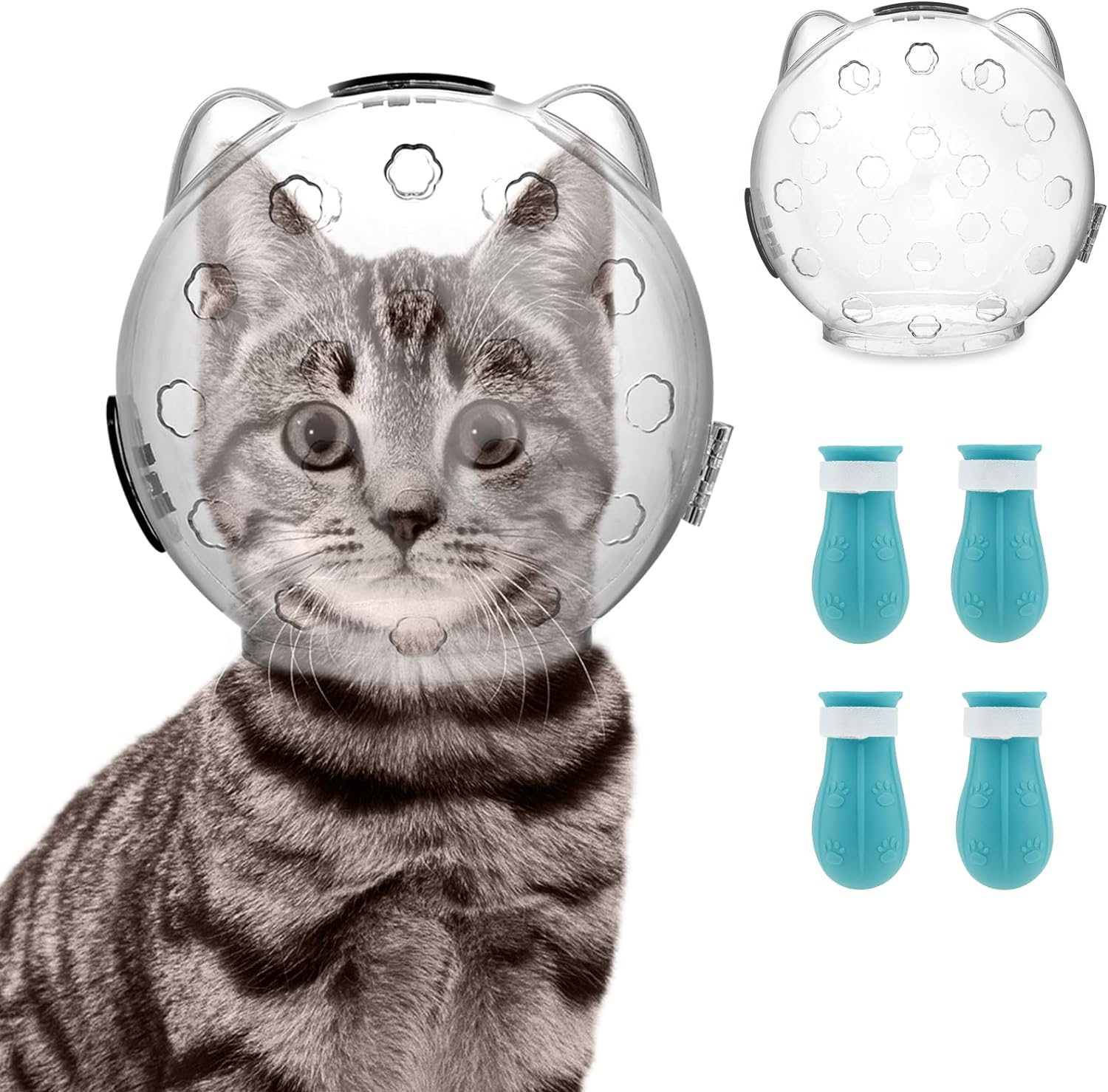 Cat Muzzle for Grooming, Breathable Cat Muzzle Helmet with 4 Silicone Paw Shoes, Transparent Cat Astronaut Helmet, Cat anti Bite Helmet for Cats Bathing Shaving Nail Trimming (Small) image number 4