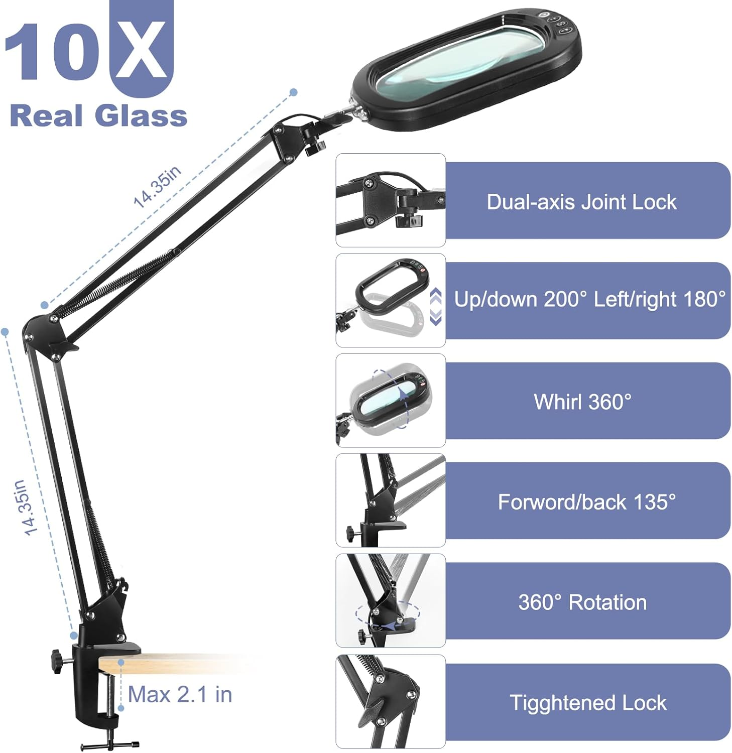 10X Rectangle Magnifying Glass with Light and Clamp, 5 Color Modes Stepless Dimmable, Lighted Magnifier with Stand Hands Free, Flexible Swing Arm LED Desk Lamp for Reading Painting Close Work image number 3
