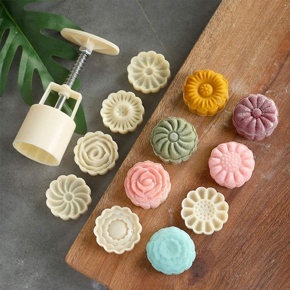 Mooncake Mold with 6 Stamps,Mid-Autumn Festival Hand-Pressure Flower Moon Cake Mould 50G DIY Decoration Mooncake Press Molds (Word)