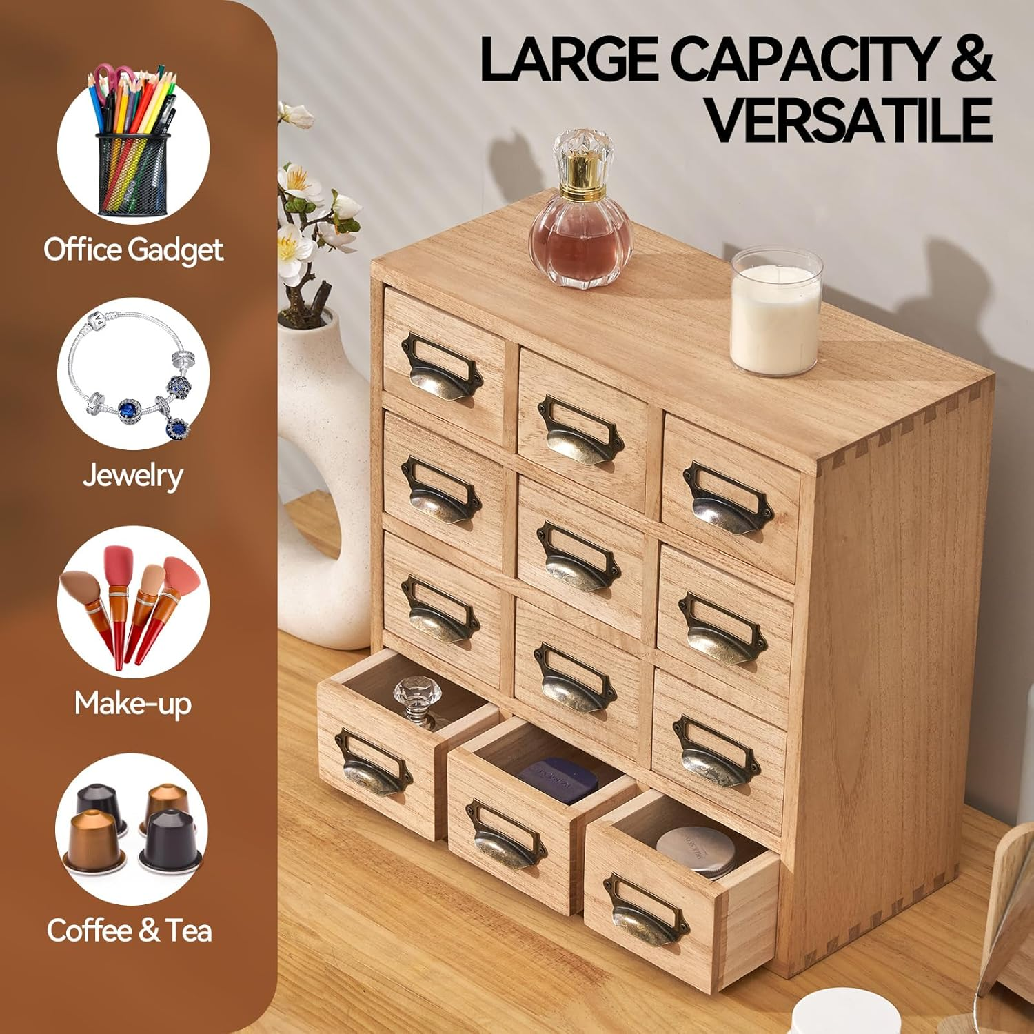 KIRIGEN Wood Drawer Organizer Desktop Storage Cabinet Box Drawers for Home Office Desk Organization and Storage 12 Drawer Mini Chest with Metal Handles Natural(12Cg-Na) image number 1