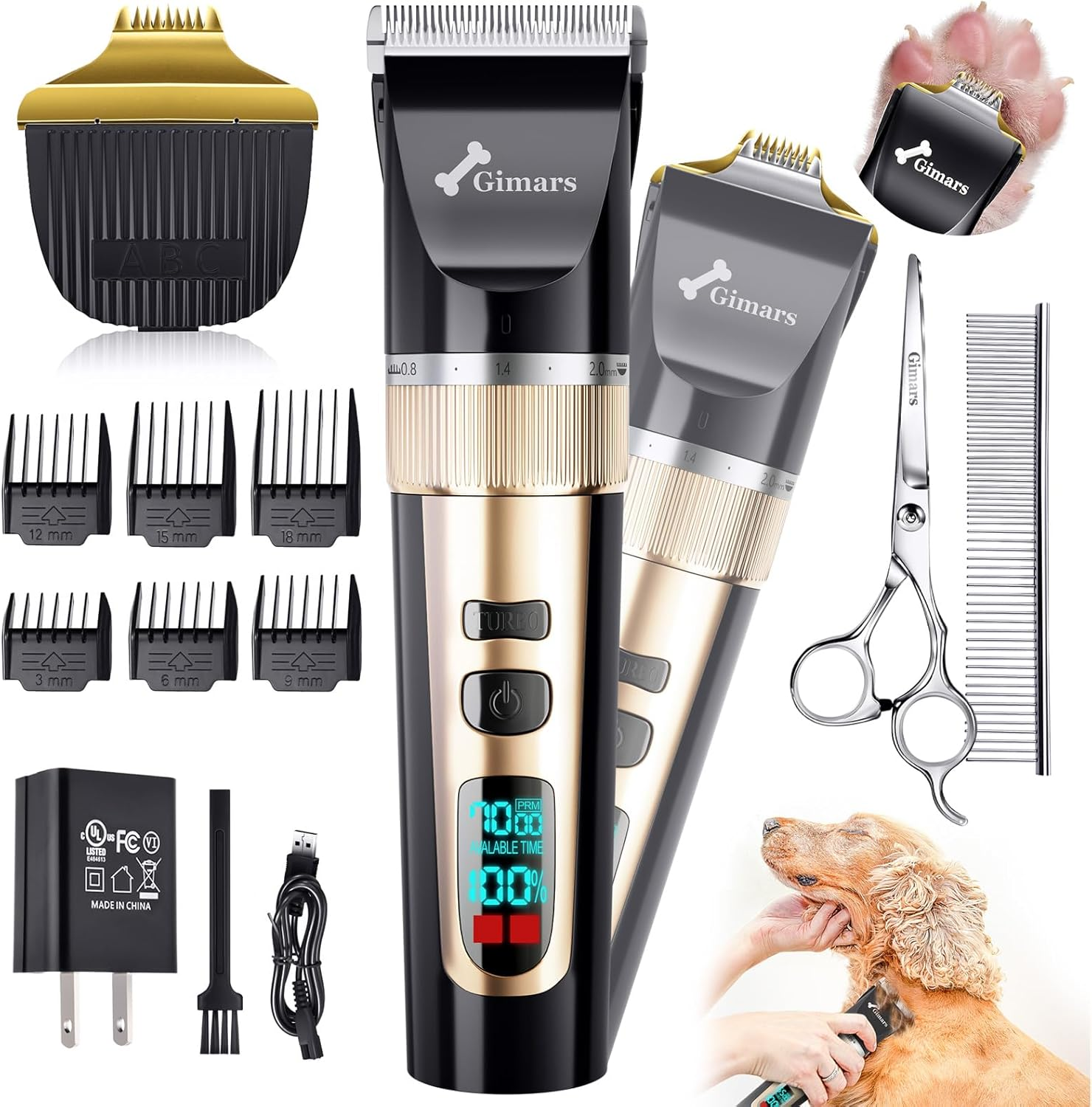 Gimars Cordless 3-Speed Dog Clippers with Stainless Steel Grooming Scissors Kits, Low Noise Quiet Rechargeable Pet Hair Trimmer for Thick Coats, Shaver Kit for Dogs and Cats