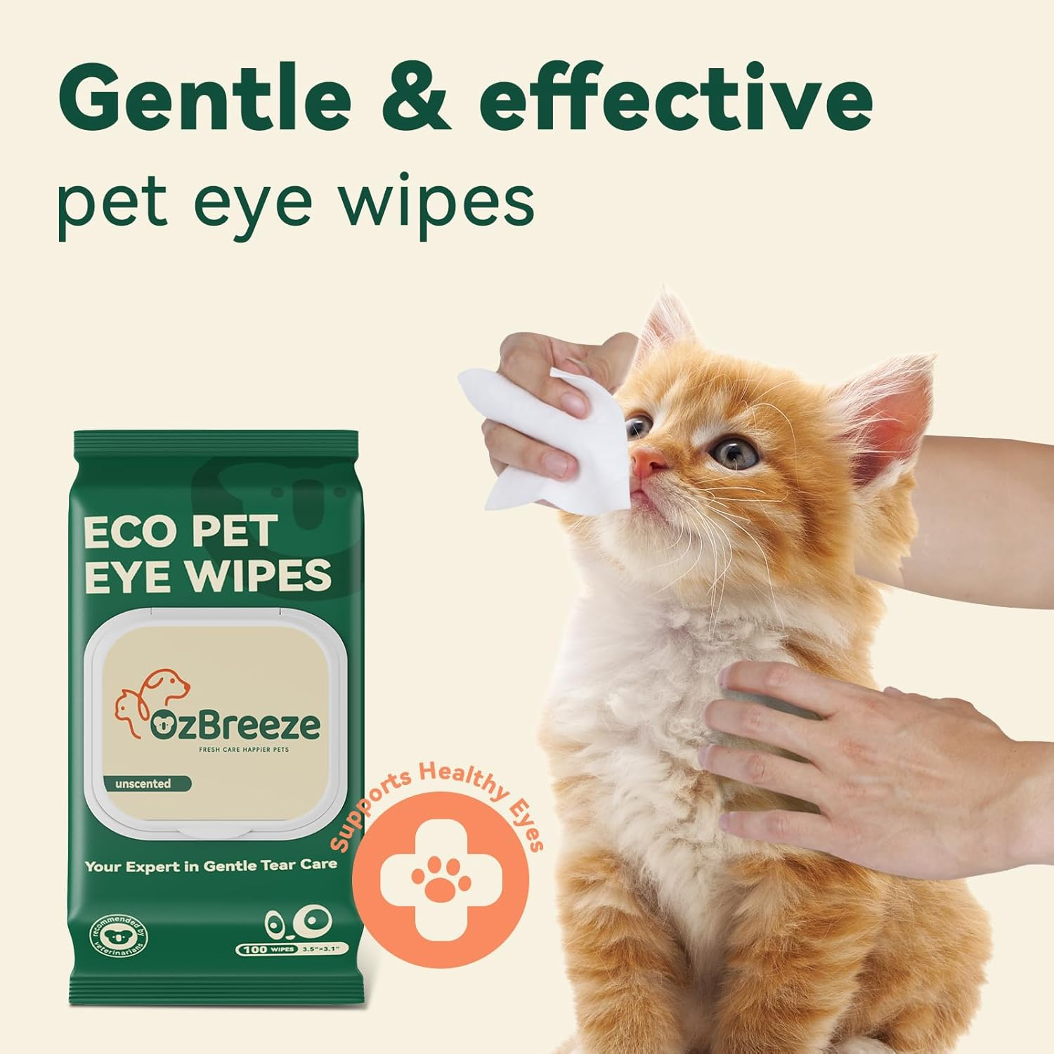 Ozbreeze Pet Eye Wipes &ndash; 100 Count Unscented Tear Stain Remover | Natural Coconut Oil, Kakadu Plum, Cranberry, Provitamin B5 Formula | Gentle Eye Cleaning Pads for Discharge, Mucus & Saliva Stains image number 3