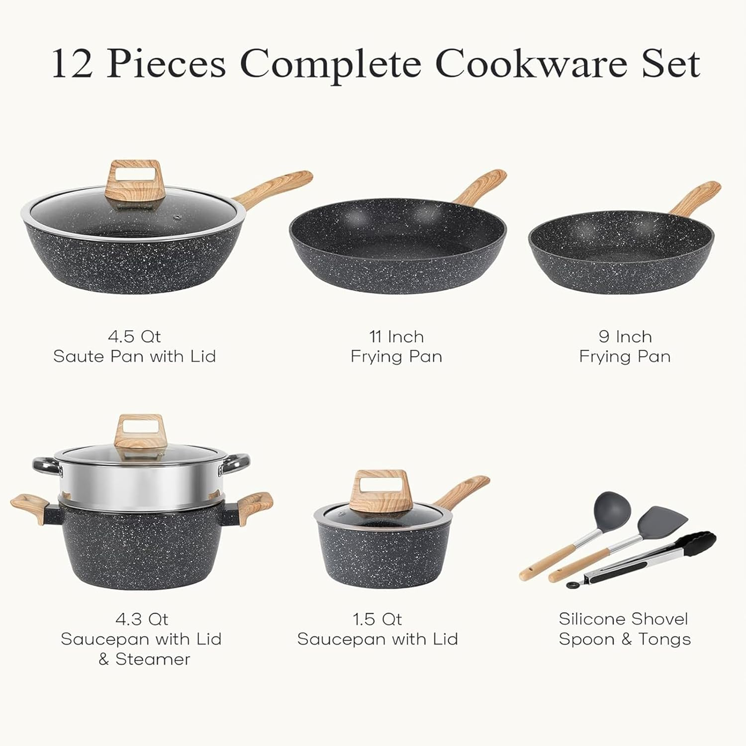 Black Pots and Pans Set, Induction Non Toxic Healthy Kitchen Cooking Set with Frying Pans, Granite Nonstick Cookware Sets, Saucepans, Steamer, PFAS PTFE PFOA PFOS Free, 12Packs image number 5