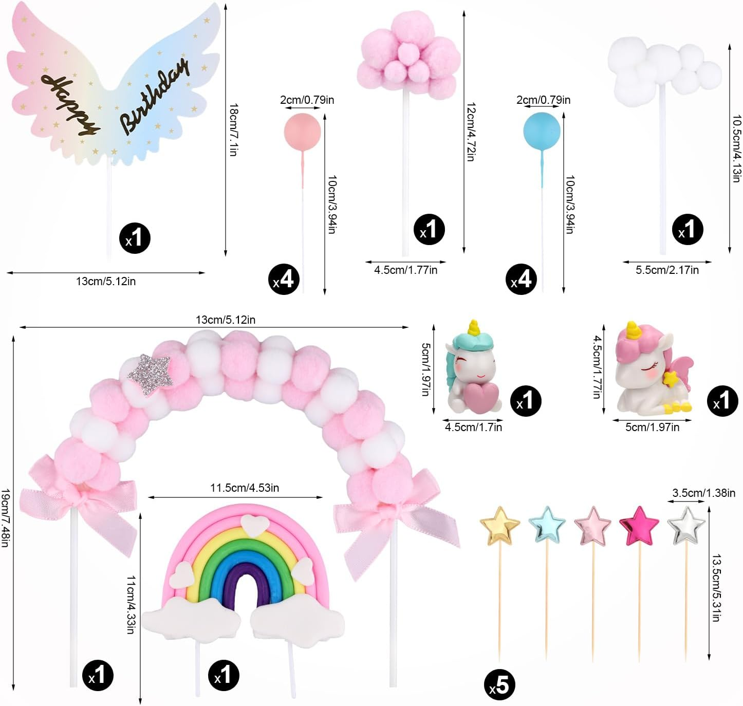 20Pcs Cake Decorations, Unicorn Rainbow Cake Decorations Rainbow Star Unicorn Ball Happy Birthday Cake Decoration for Boys Girls Children Birthday Party Baby Shower Supplies image number 1