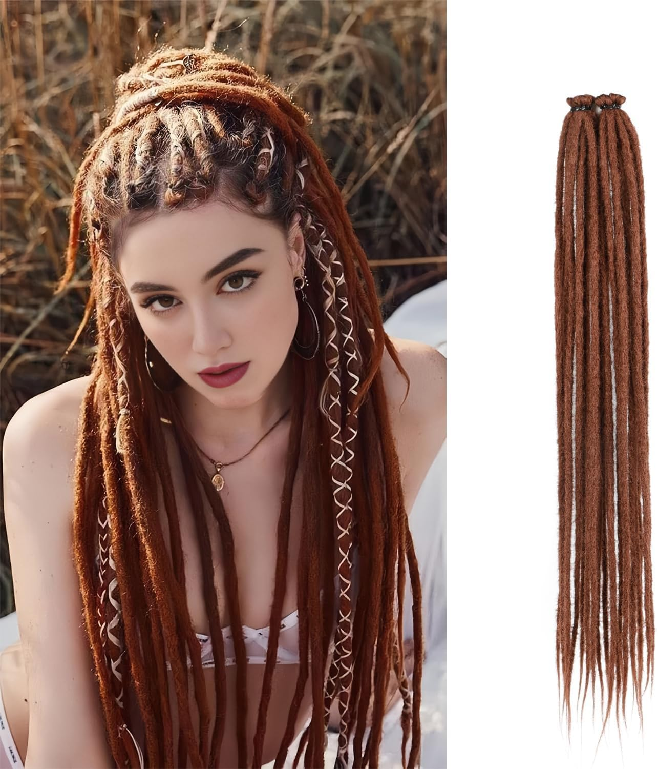 22 Inch Dreadlock Extensions Single Ended, Ombre Light Brown to Blonde Thin 0.8Cm Dreads, 10 Pcs Synthetic Braid-In Reggae Hippie Crochet Dreads for Women
