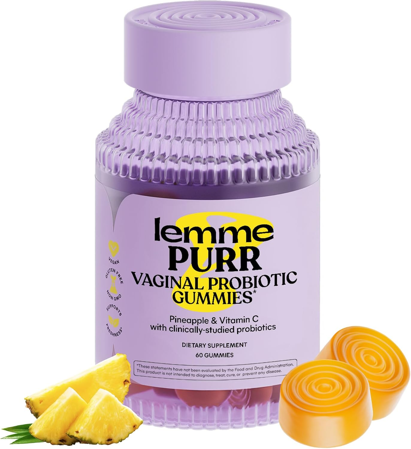 Lemme Purr Vaginal Health Probiotic Gummies - Supports Ph, Freshness with Clinically Tested Probiotics + Vitamin C for Immunity Vegan, Gluten-Free, Non-Gmo, Tasty Pineapple (60 Count), 0.15 Kilo image number 1
