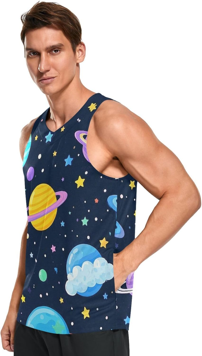 Amooorous Cartoon Cute Colorful Planet Dry Fit Tank Top for Men Men'S Club Sleeveless T-Shirt Lightweight Summer Sportswear