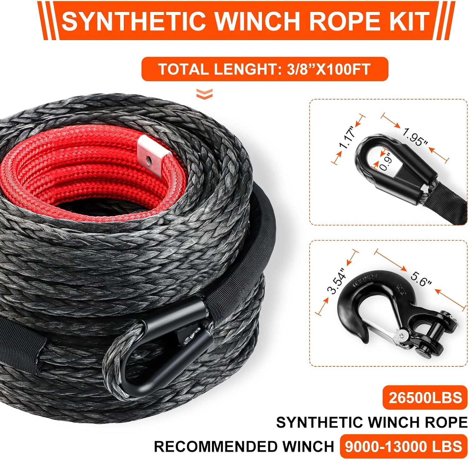 SPARKWHIZ Synthetic Winch Rope Cable Kit, 3/8" X 100 Ft 26500LBS Winch Line Cable with Protective Sleeve+Winch Fairlead+ Stopper+Hook for for 4WD off Road Vehicle Truck SUV ATV UTV image number 3