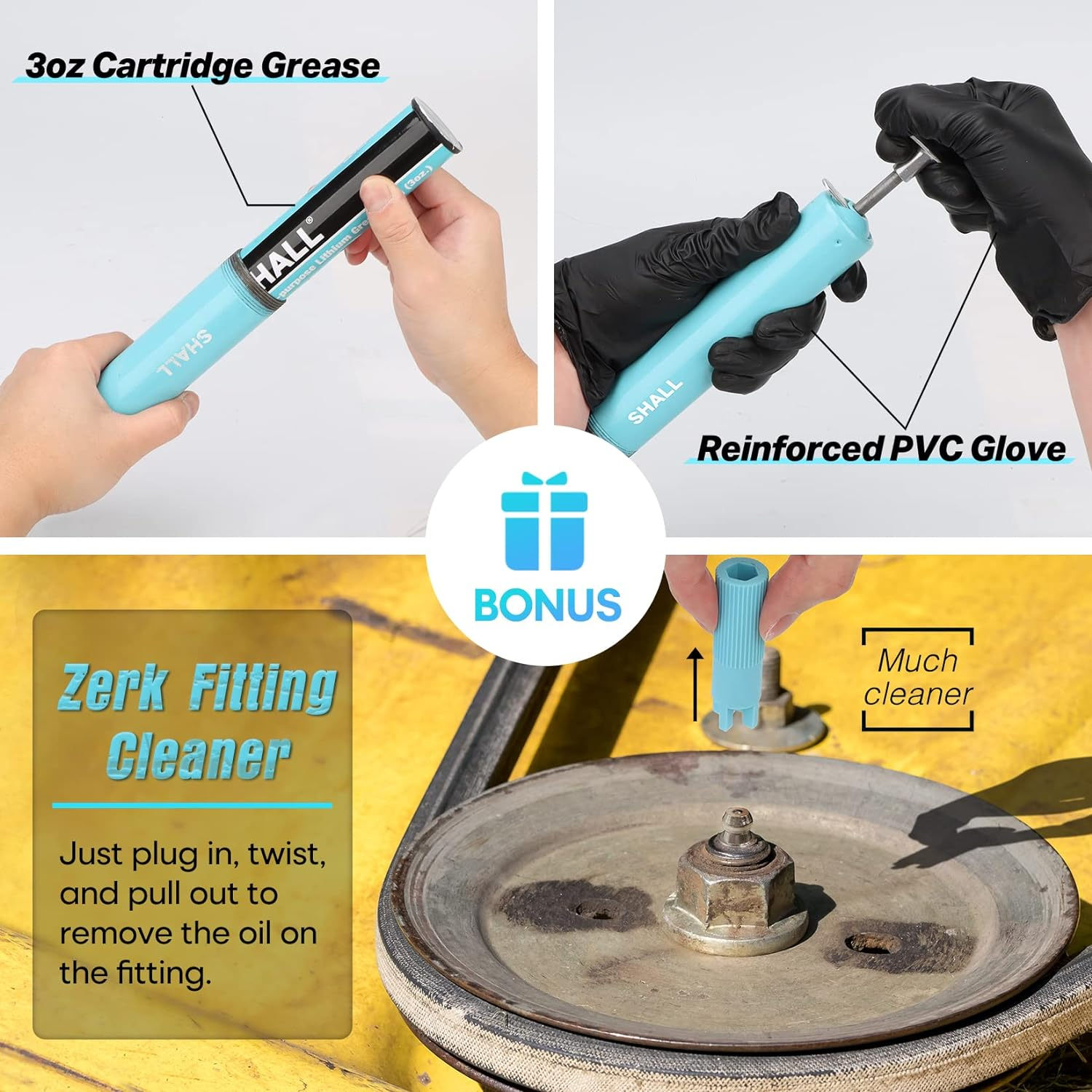 SHALL Mini Grease Gun, Small Grease Gun Kit (3.52OZ Capacity, 3000PSI) with 2PCS 4-Jaw Couplers, Sharp Nozzle, Extension Adapter, 3OZ Cartridge Grease, Reinforced PVC Glove & Zerk Fitting Cleaner image number 2