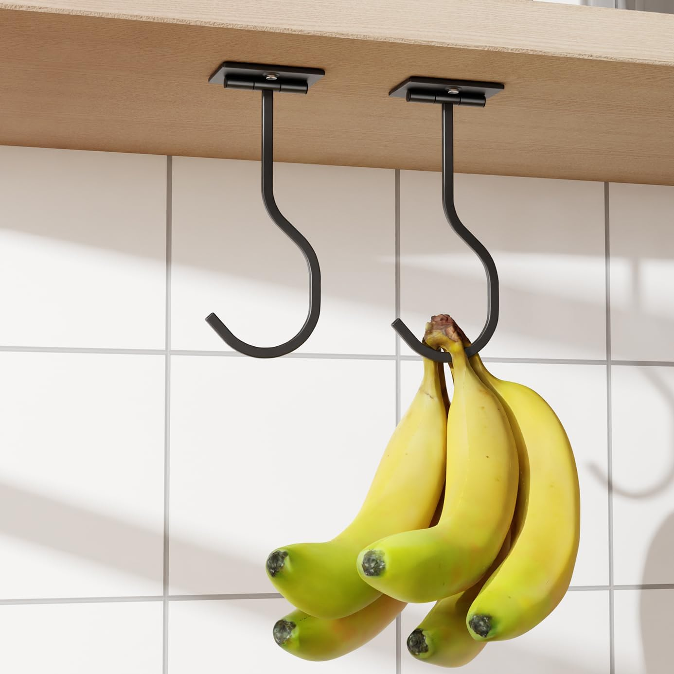 2-Pack Self Adhesive Banana Hook, Metal Banana Hanger Hook,Under Cabinet Hook for Bananas or Kitchen Items, Foldable Banana Hook, Folds up with Magnets When Not in Use, Keep Bananas Fresh, Silver