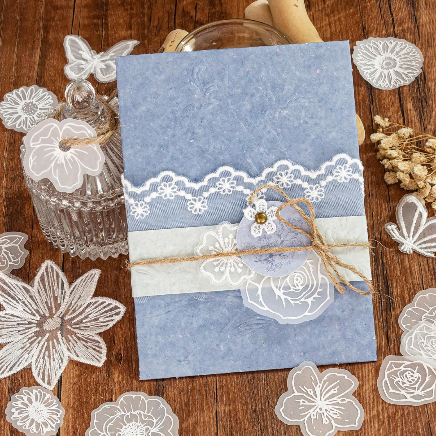 Vintage White Flower Decorative Paper Scrapbooking Paper Pack Aesthetic Paper with Lace Ribbon Embroidered Applique of Butterfly Flower Leaf for Junk Journal Diary Planner Art Supplies Kit (Purity) image number 1