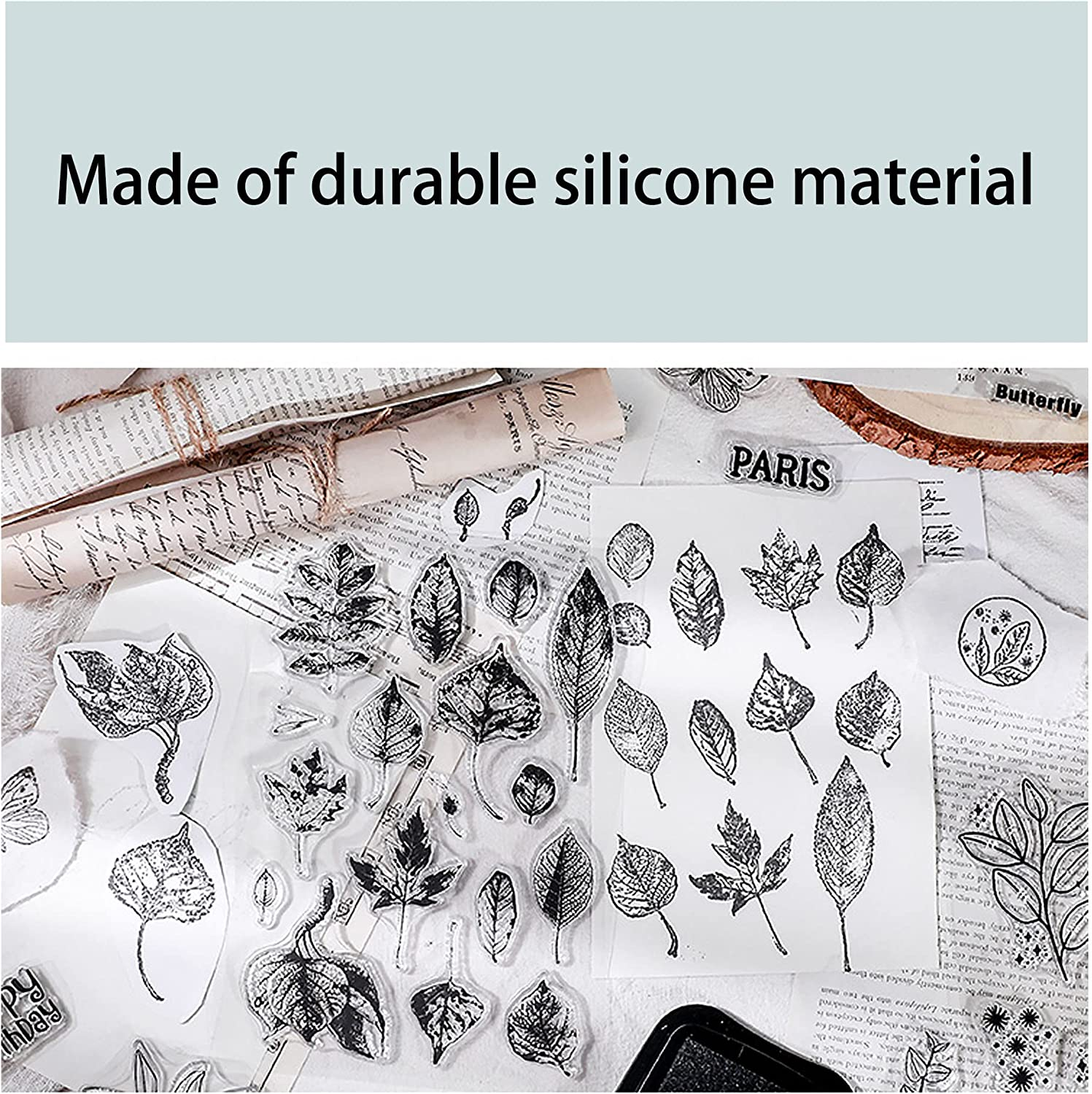 Muulaii 6 Sheets Clear Stamp Silicone Stamp Cards with Greeting Words, Flowers, Leaves, Butterflies, and Moons Pattern for Thanksgiving Christmas Holiday Card Making and DIY Scrapbooking Journaling image number 1