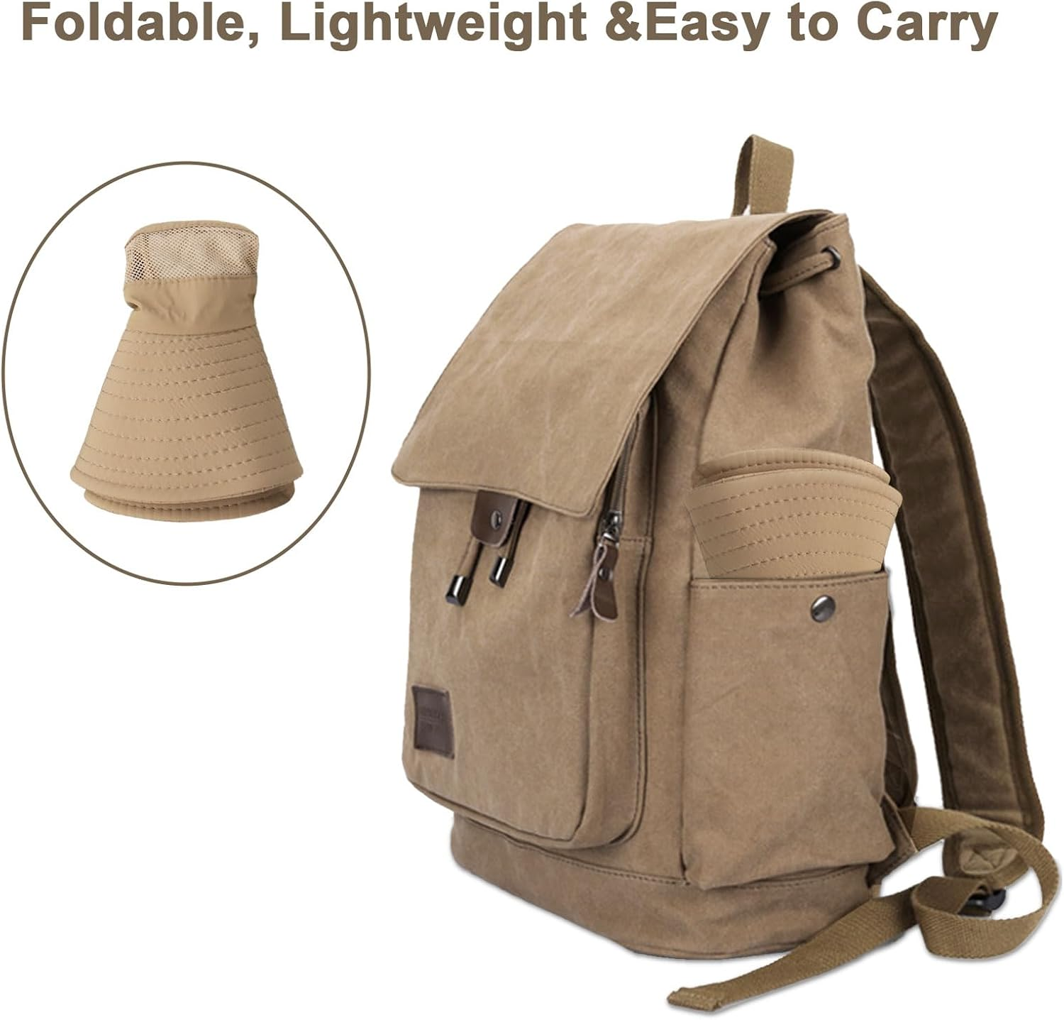 LJCZKA Wide Brim Sun Hat for Men Women,Unisex Waterproof Packable Bucket Hat with Chin Strap,Breathable Mesh Bucket Hat with Criss Cross Ponytail Hole - Khaki image number 3