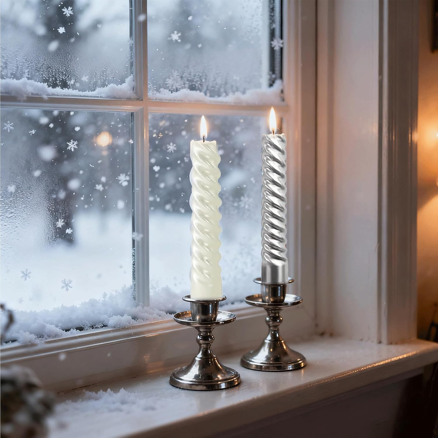 VIKY Pack of 8 Tapered Candles Drip Candles 25 Cm Long - 4 X Silver Candles & 4 X White Candles - Twisted Taper Candles in Silver White for Christmas Decoration, Frosted Winter Decoration, Candle image number 3