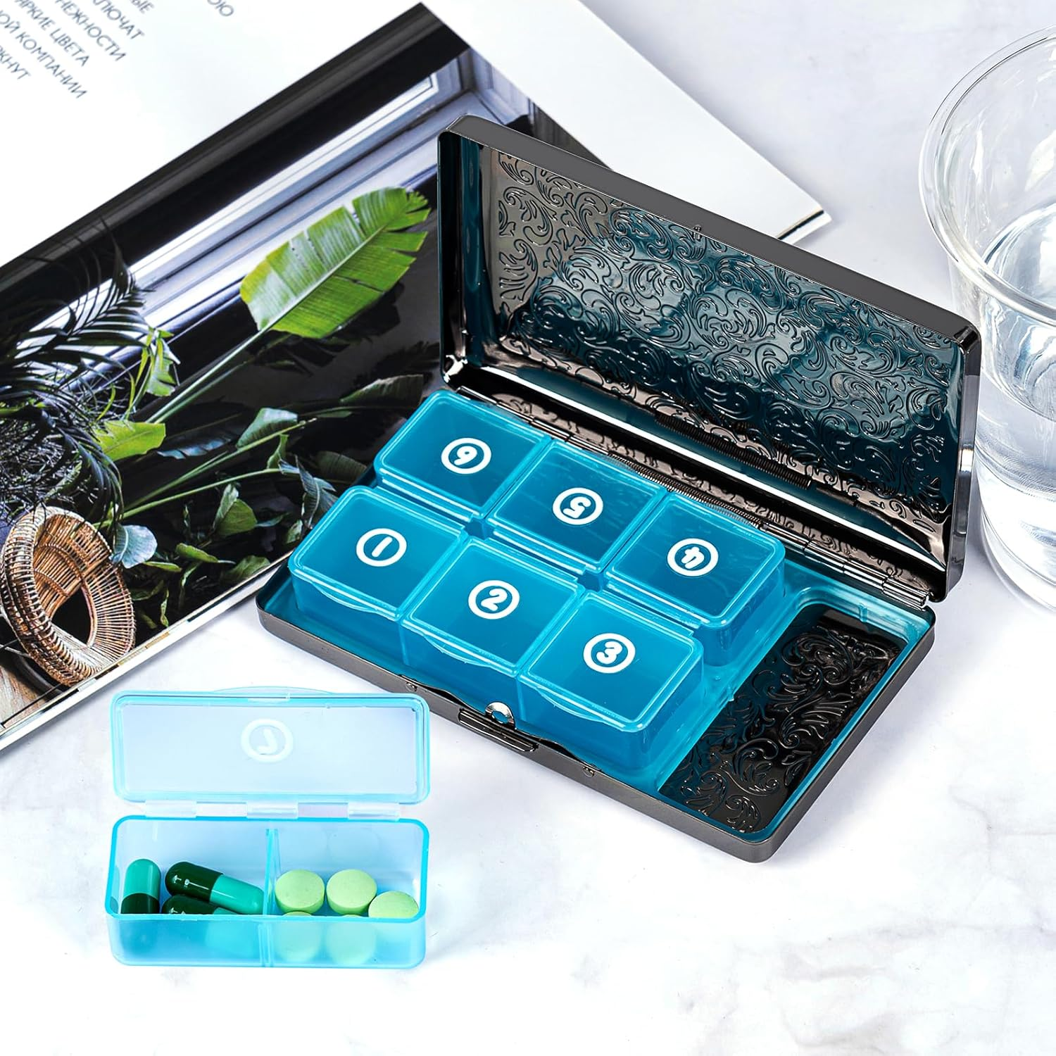 Pill Organizer, Pill Box 7 Day/Metal Travel Pill Case, BPA Free. (Pink) (Black) - Silver image number 2