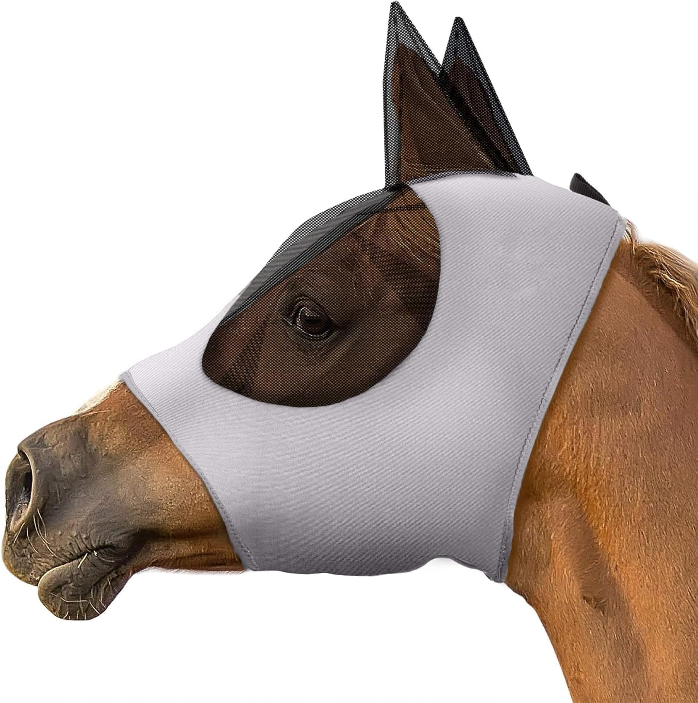 Horse Fly Mask with Ears - Breathable Mesh and UV Protection，Anti Insect Bite and UV Resistant Washable Face Mask (Grey, One Size) image number 3