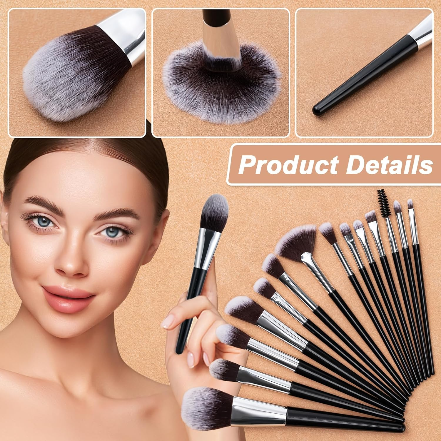 Makeup Brushes, 14 Pcs Professional Makeup Brush Set, Eye and Face Foundation Brush Set, Eyeshadow Brushes, Cosmetic Brushes, with PU Bag, Black image number 5