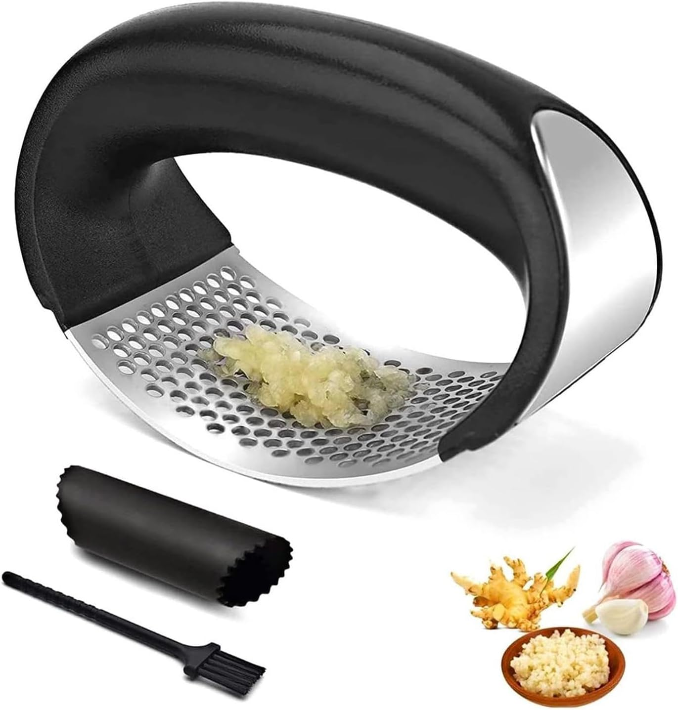 Garlic Press Rocker, Stainless Steel Garlic Masher and Garlic Crusher with Silicone Tube Set with Peeler and Cleaning Brush,Professional Kitchen Gadgets Garlic Chopper for Smashing Garlic image number 6