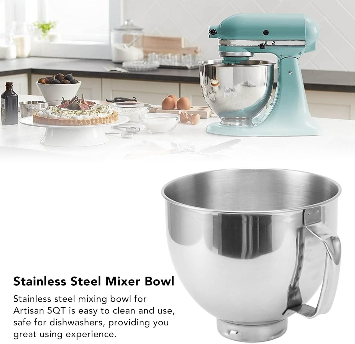Mixer Bowl, 4.5-5 Quart Stainless Steel Bowl Replacement, Stainless Steel Mixer Attachment for Mixing Bowls, Compatible with Kitchenaid Artisan 5Qt Series and Cassic 4.5Q image number 1