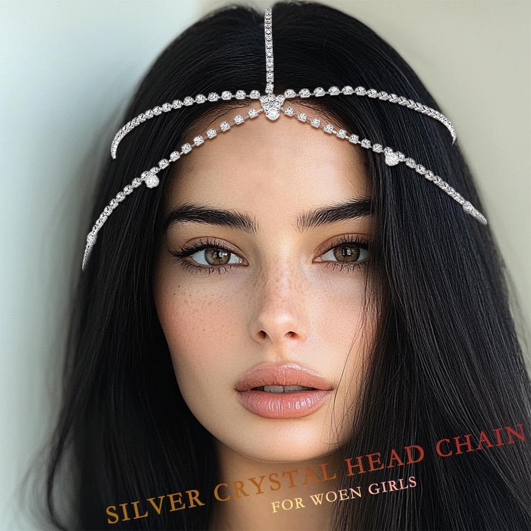 Fdesigner Crystal Head Chain Wedding Headpieces Rhinestone Bride Hair Jewelry Boho Party Teardrop Headband Hair Accessories for Women and Girls (Silver-Boho) image number 3
