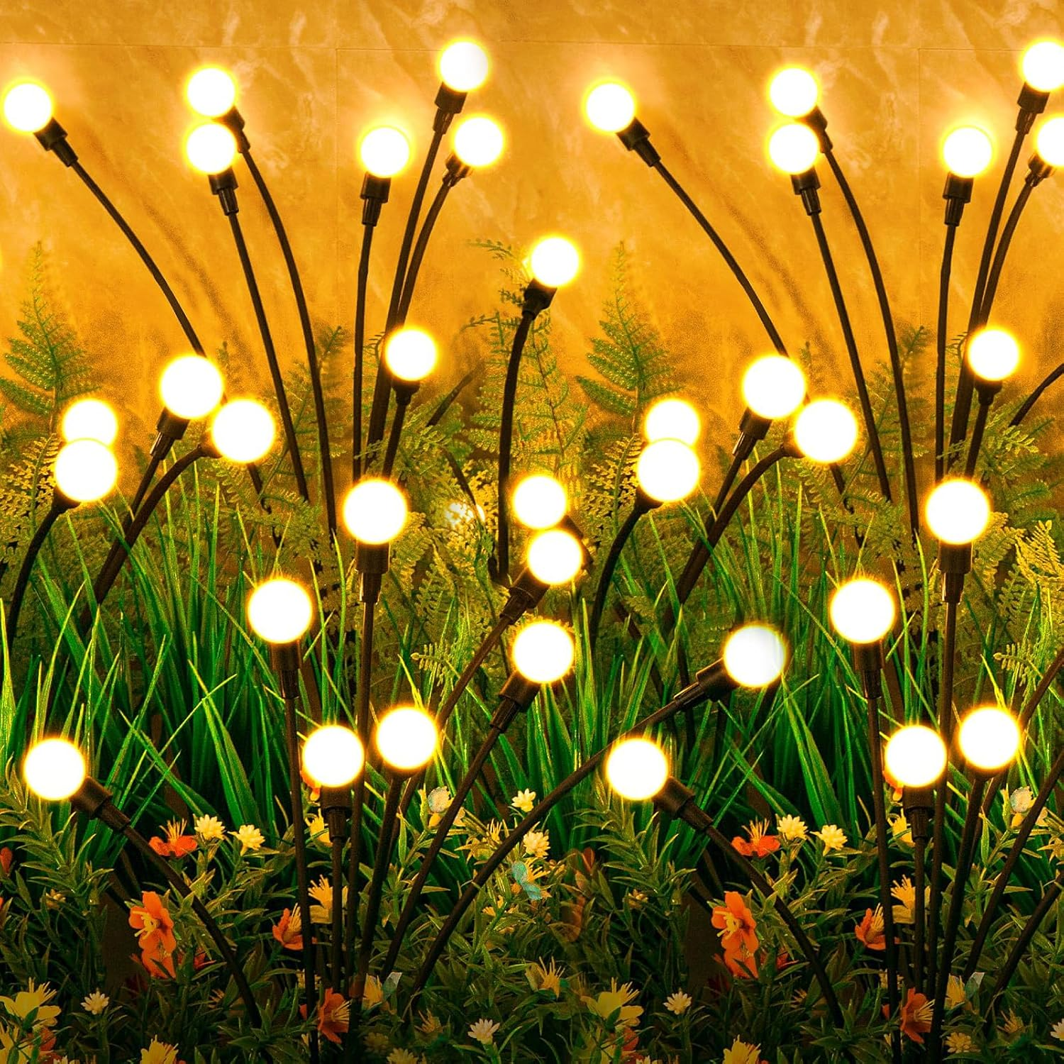 Solar Powered Firefly Lights 4 Pack, 10 LED Light Bulbs 2 Lighting Modes Waterproof Swaying Solar Garden Lights, Halloween Christmas Decorative Lights for Pathway Yard Patio Landscape (Warm White) image number 2