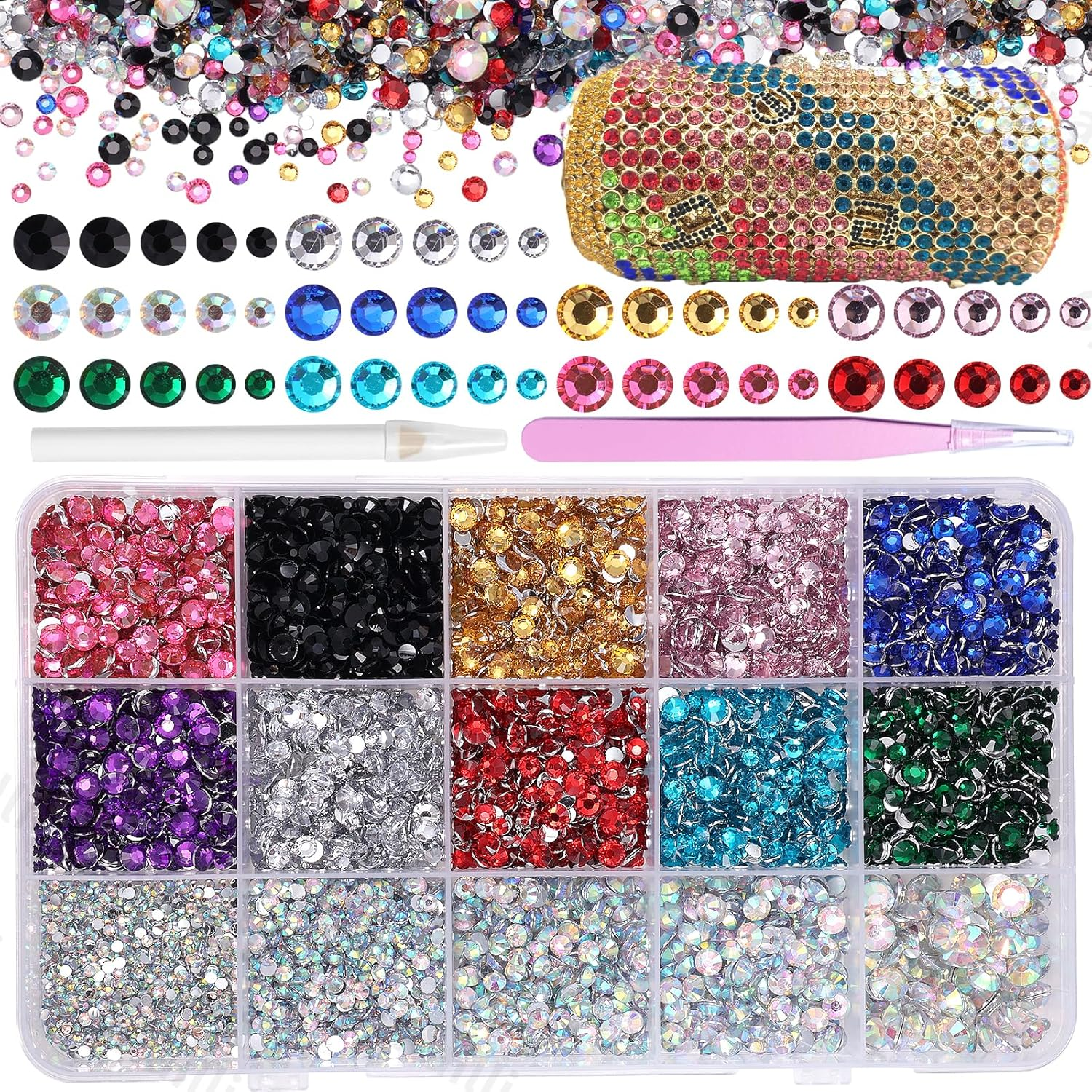 15000 Pcs Resin Rhinestones for Crafts, Black Silver Brown Flatback Resin Rhinestones for Bedazzling Gems 2/3/4/5/6Mm Flatback Gems Jewels for DIY Mugs Tumblers Bottles Clothing Shoes Nail Art