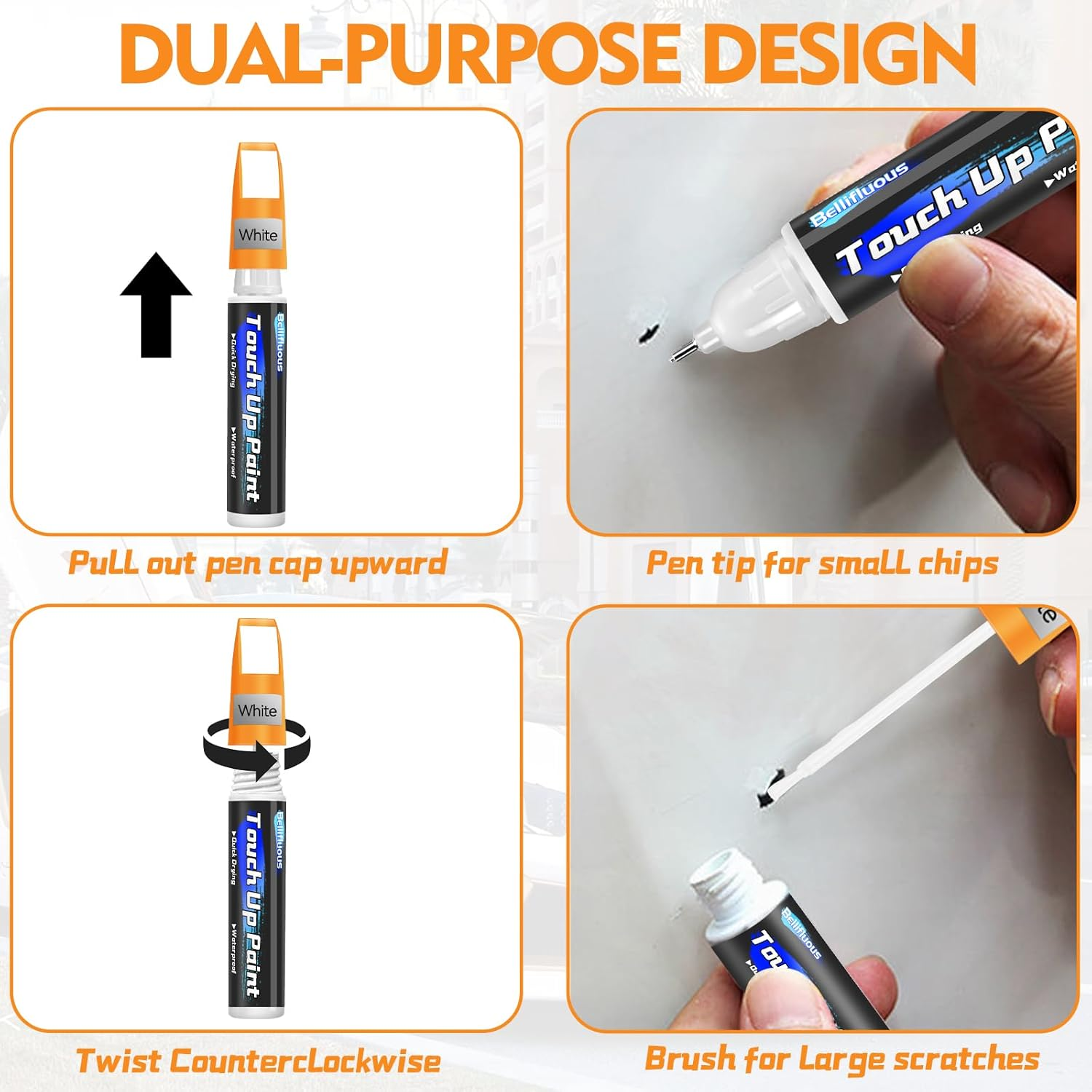 Bellifluous Car Scratch Remover, Touch up Paint Pen, 2 Packs White Car Paint Touch Up, 2 in 1 Auto Paint Scratch Remover Pen, Quick Drying Cars Scratch Repair Pen for Covering and Repairing Scratches image number 5