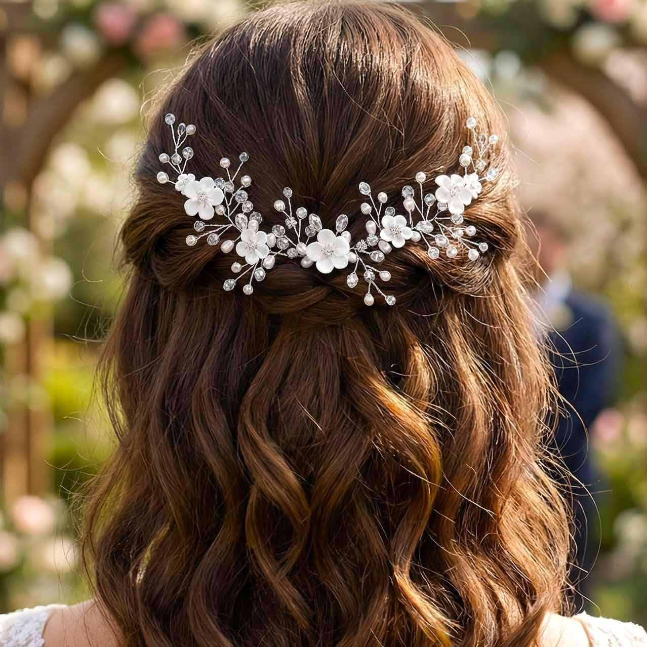 Heread Flower Bride Wedding Hair Vine Pearl Bridal Headband Rhinestones Hair Breath Accessories for Women and Girls (A Silver) image number 2