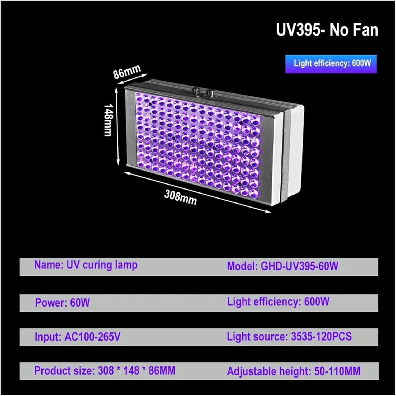 Portable UV Adhesive Curing Light Ink Screen Printing Shadowless Adhesive 1200W Portable Air Cooled 365Nm395Nm LED Curing Machine for DIY Enclosures(600W,395Nm) image number 4