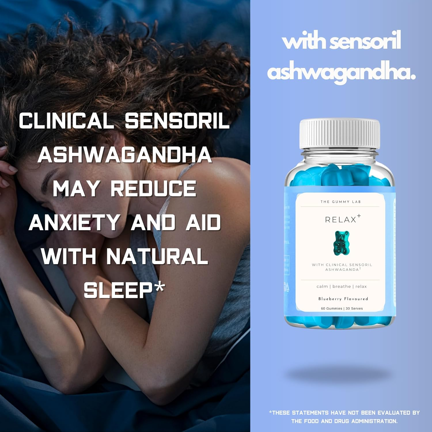 Sleep Gummies with Ashwagandha for Relaxation, Sleep & Calmness, Chewable Sleep Aid, 500Mg Clinical Sensoril Ashwagandha, 5Mg GABA, 4Mg Chamomile Extract, 15 Calories | Blueberry Flavour, 30 Serves image number 5