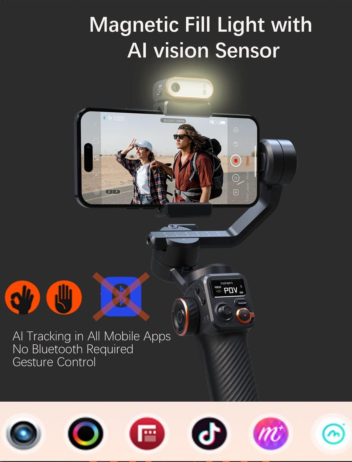 Hohem Isteady M6 Kit Gimbal Stabilizer for Smartphone 3-Axis with Magnetic Fill Light AI Vision Sensor for Iphone Android with 0.91-Inch OLED Display Max Payload 400G,Ideal for Youtube Vlog Tiktok image number 2