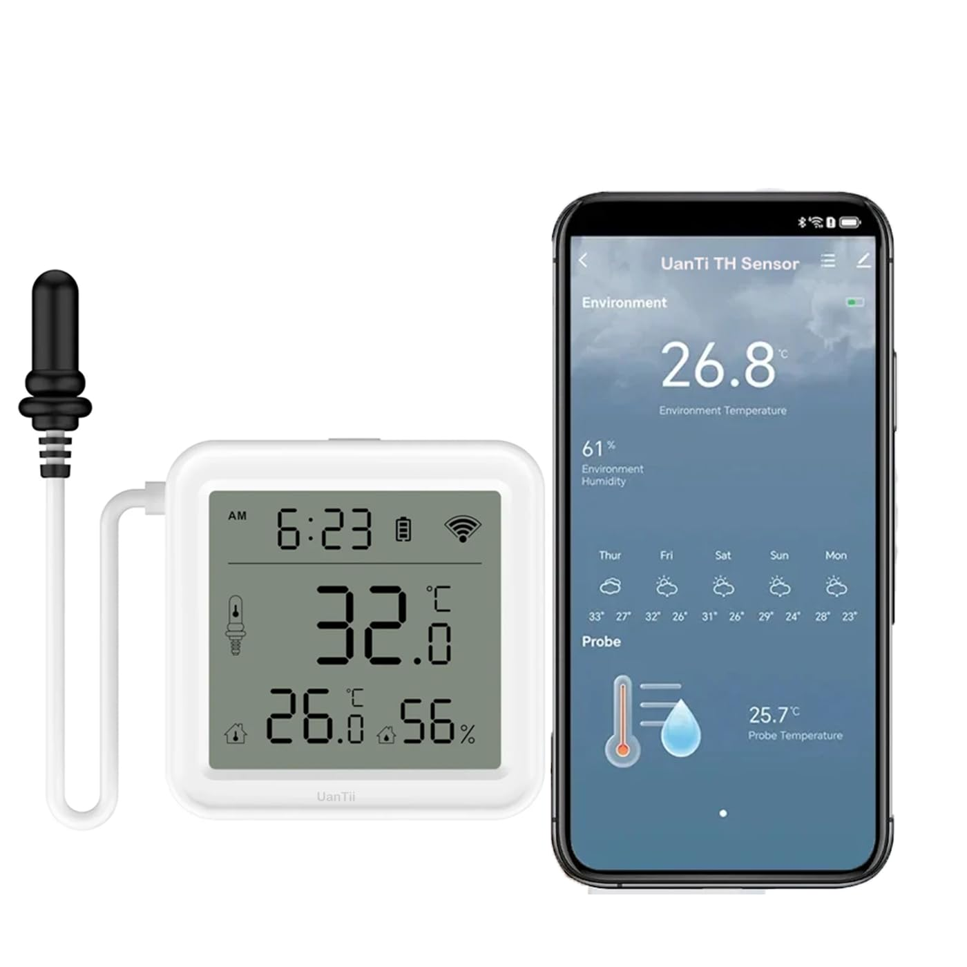 Uantii Smart Temperature Humidity Sensor with 1M External Probe Tuya Wifi Thermometer Temperature Sensor for Aquarium Water Tank,App and Voice Monitor,Compatible with Alexa and Google Assistant image number 2