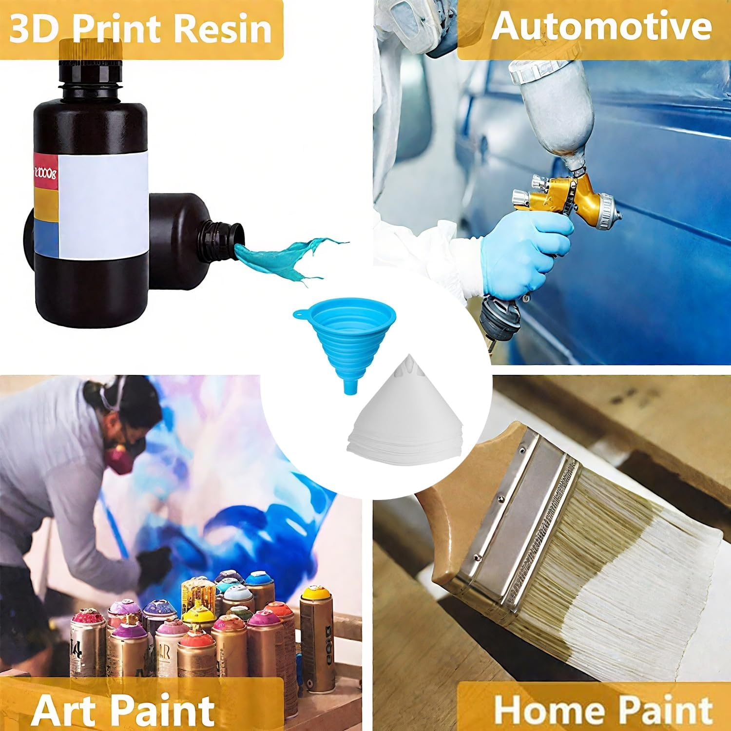 Xinghonyac 100 Pcs Disposable Paint Filters with 1 Pcs Silicone Funnel, Paint Paper Strainers with Fine Nylon Mesh, Suitable for Cars, Spray Guns, Arts and Crafts image number 1