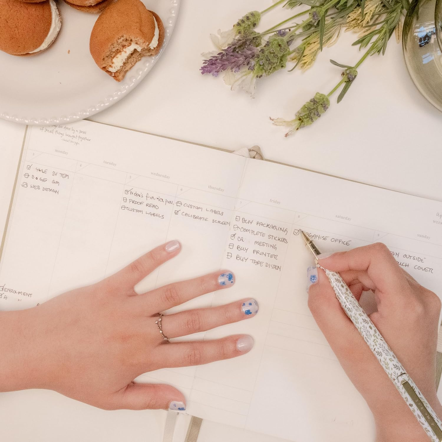 Wilana Gel Nail Stickers - Long-Lasting Semi-Cured Gel Nail Strips - Blue Flowers with Pale Pink (Whisper)