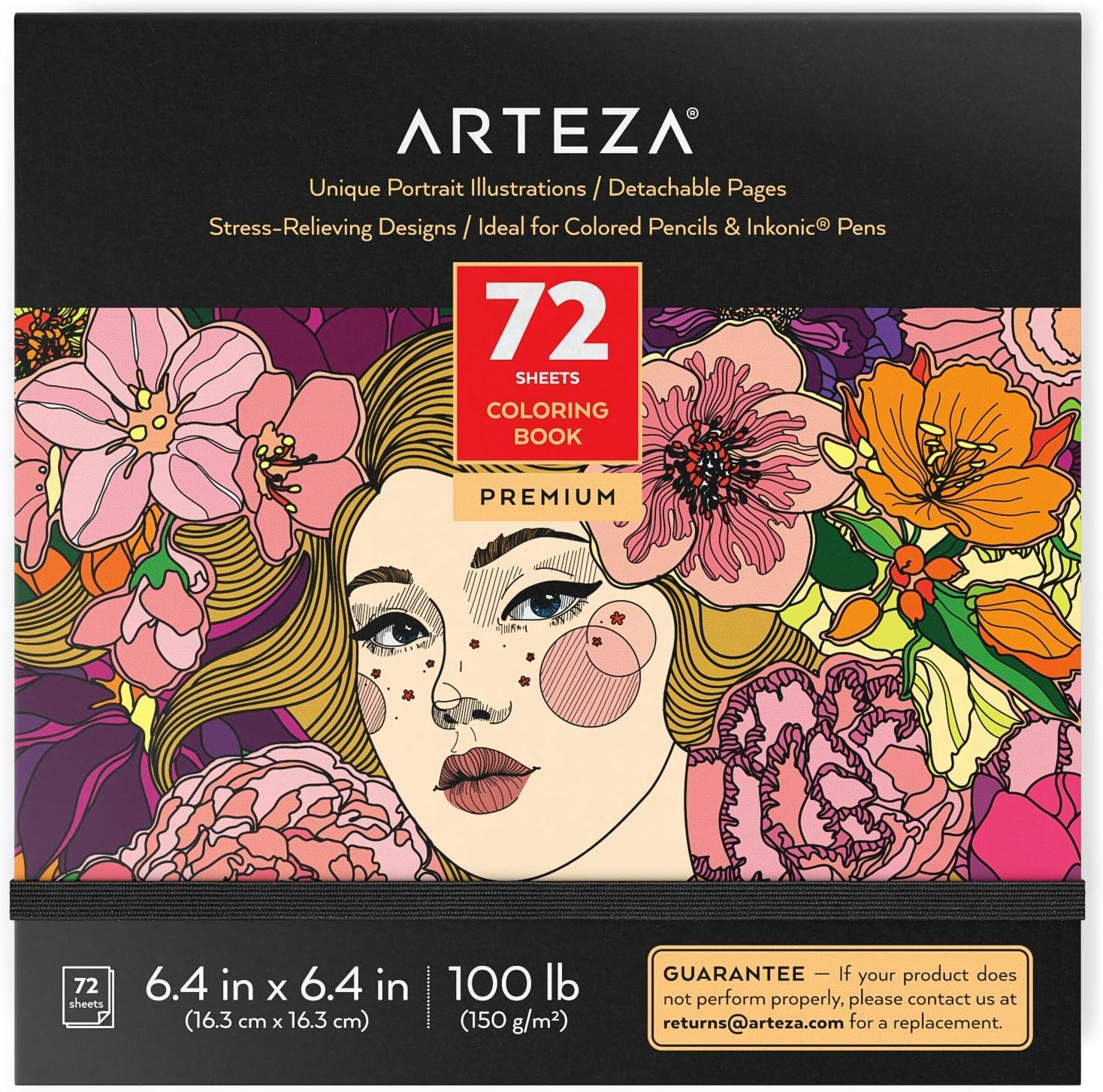 Arteza Adult Coloring Book, 6.4 X 6.4 Inches, 72 Sheets, Portrait Illustrations, Travel-Sized Detachable 100-Lb ​Coloring Sheets​, Art Supplies for Relaxing, Reflecting, and Decompressing image number 4