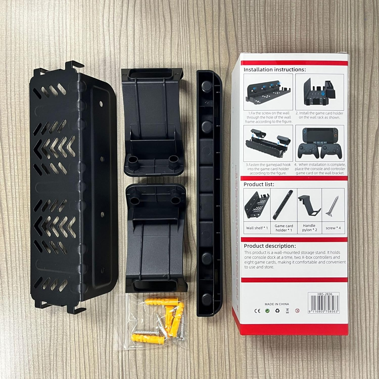 Wall Mount Bracket for Switch 2/Switch, Game Console Storage Rack with Controller Holders and Hook, Black image number 5