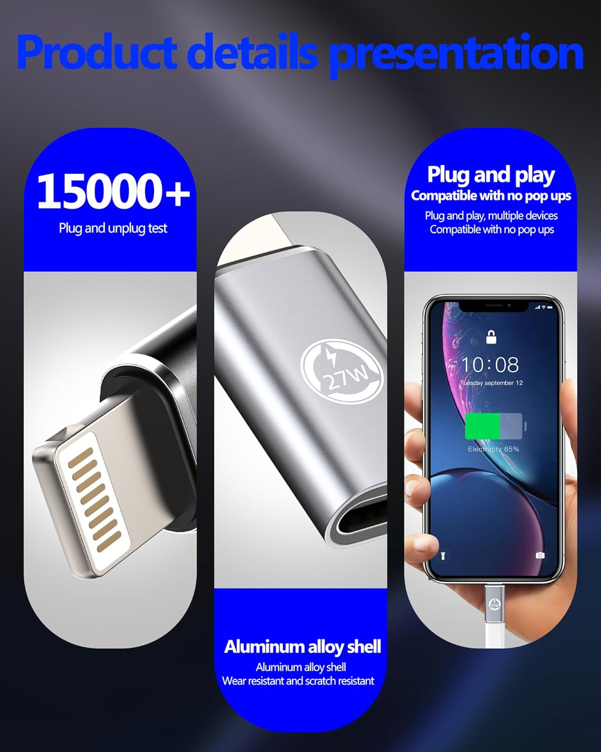 27W USB C Female to Lightning Male Adapter(3 Pack)Fast Charger for Iphone 14 13 12 Pro Max Converter for Apple Type C Cable Port Adaptor for Ipad PD Power Transfer Dongle Charging Adaptador Connector