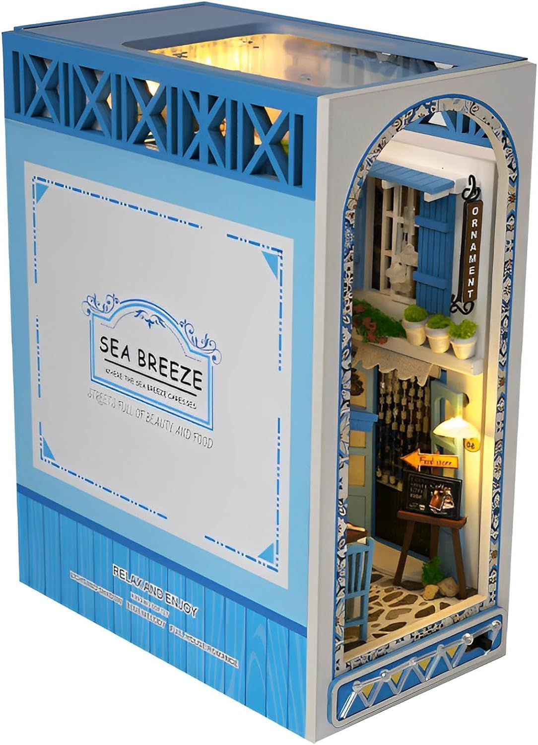 DIY Book Nook Kit 3D Wooden Puzzle Bookshelf Insert Decor with Light, DIY Miniature Dollhouse Model Kit Creative Bookshelf Insert Building Kits for Adults (Sea Breeze) image number 6