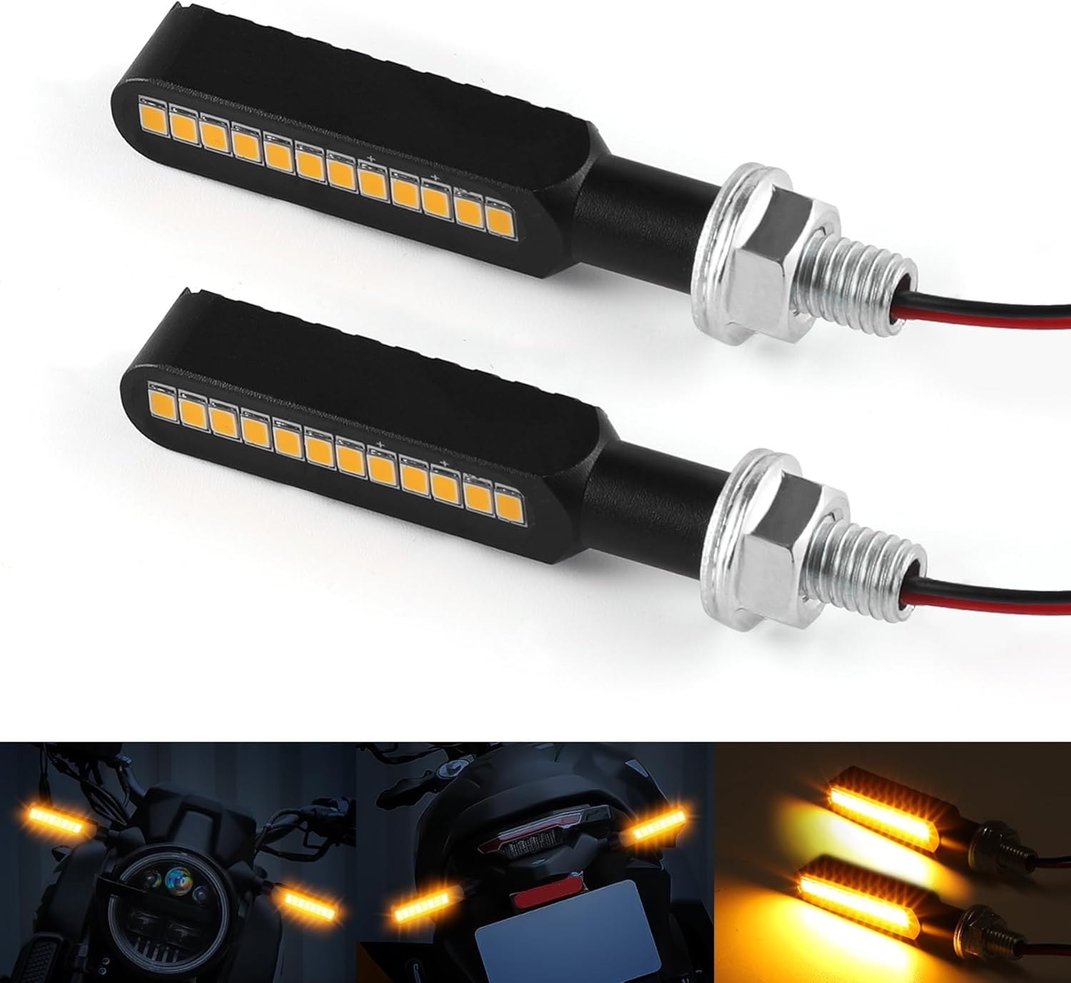 Ifunyled 2PCS Flowing LED Motorcycle Turn Signal Lights, Aluminum Alloy 12V Super Bright Motorbike Front Rear Blinkers Indicators for Harley Honda KTM Kawasaki Suzuki Yamaha - Amber, Black